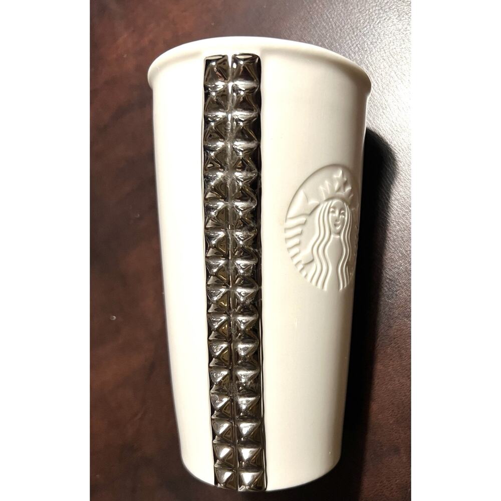 Starbucks 2014 White Ceramic Silver Studded Travel Tumbler Mug 10oz Limited Edit